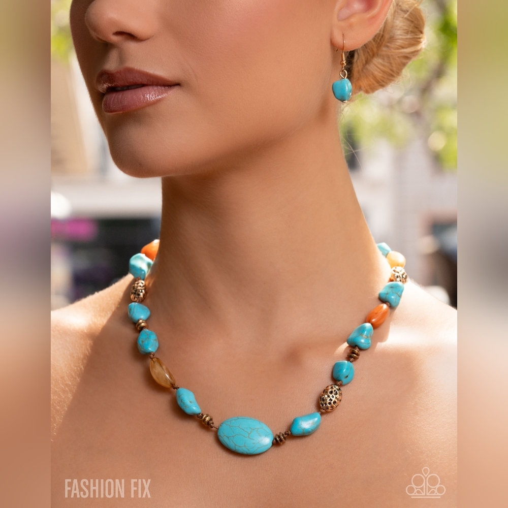 Adorably Adaptable Paparazzi Turquoise and Gold Necklace with Brown Accents - Picture 6 of 8
